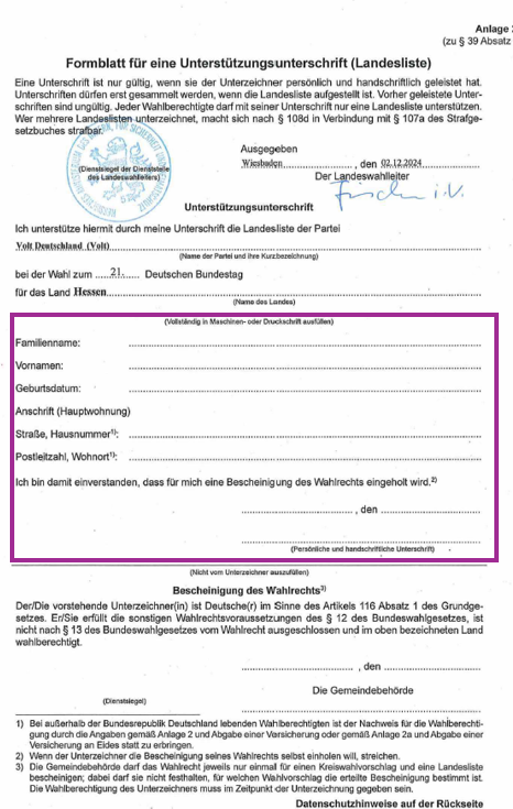 Formular für eine Unterstützungsunterschrift (Landesliste)