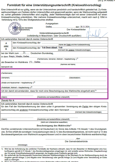 Formblatt für eine Unterstützungsunterschrift (Kreiswahlvorschlag)
